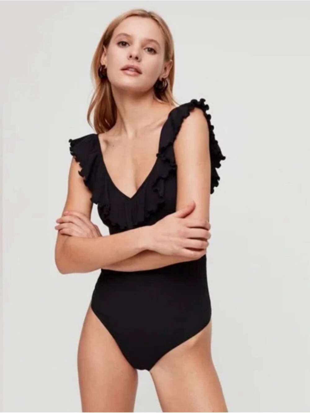 Aritzia Wilfred Black Ribbed Danette Bodysuit .